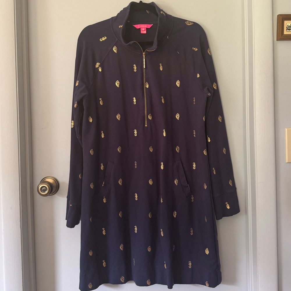 Lilly Pulitzer Navy Terry Cloth Dress with Seahorse & Shell gold pattern Sz XL